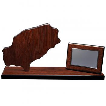 Mapa madera Ibiza wengue con base alargada y placa (Frontal)